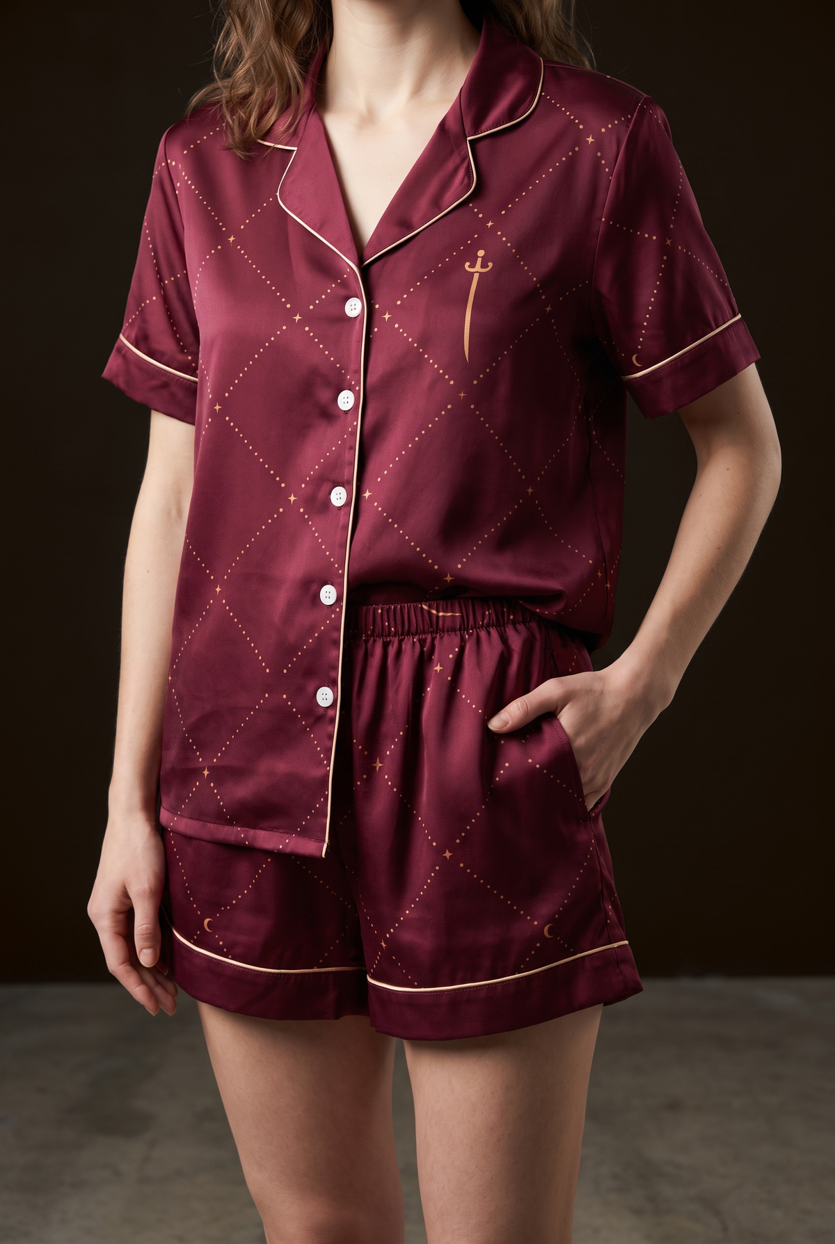 Pijama mătase Mulberry 22 momme Elisarium Armura Deep Wine · vedere completă