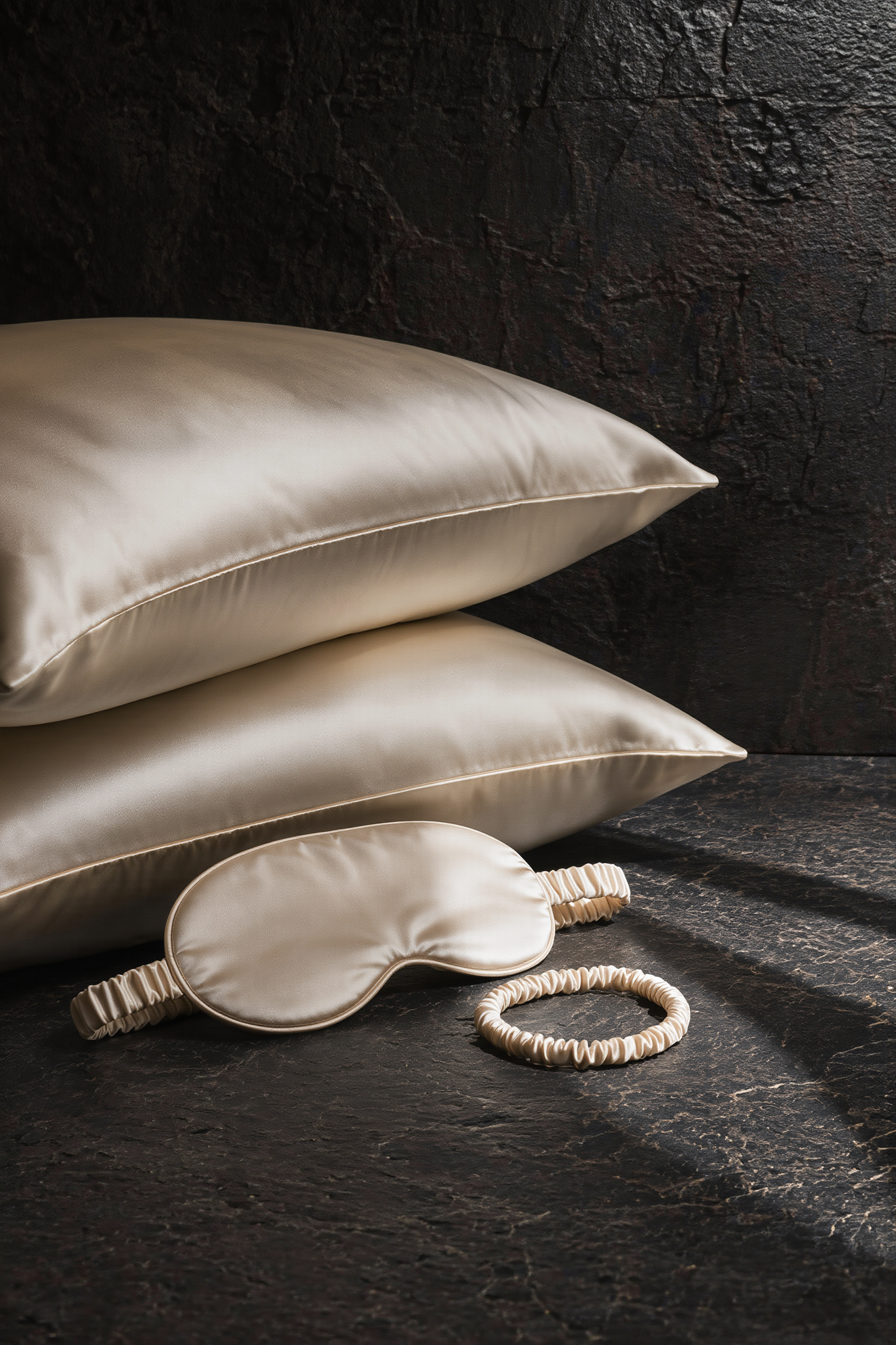 Set somn mătase naturală Mulberry 22 momme · Ocrotire Elisarium · față de pernă, mască de somn și elastic de păr · champagne