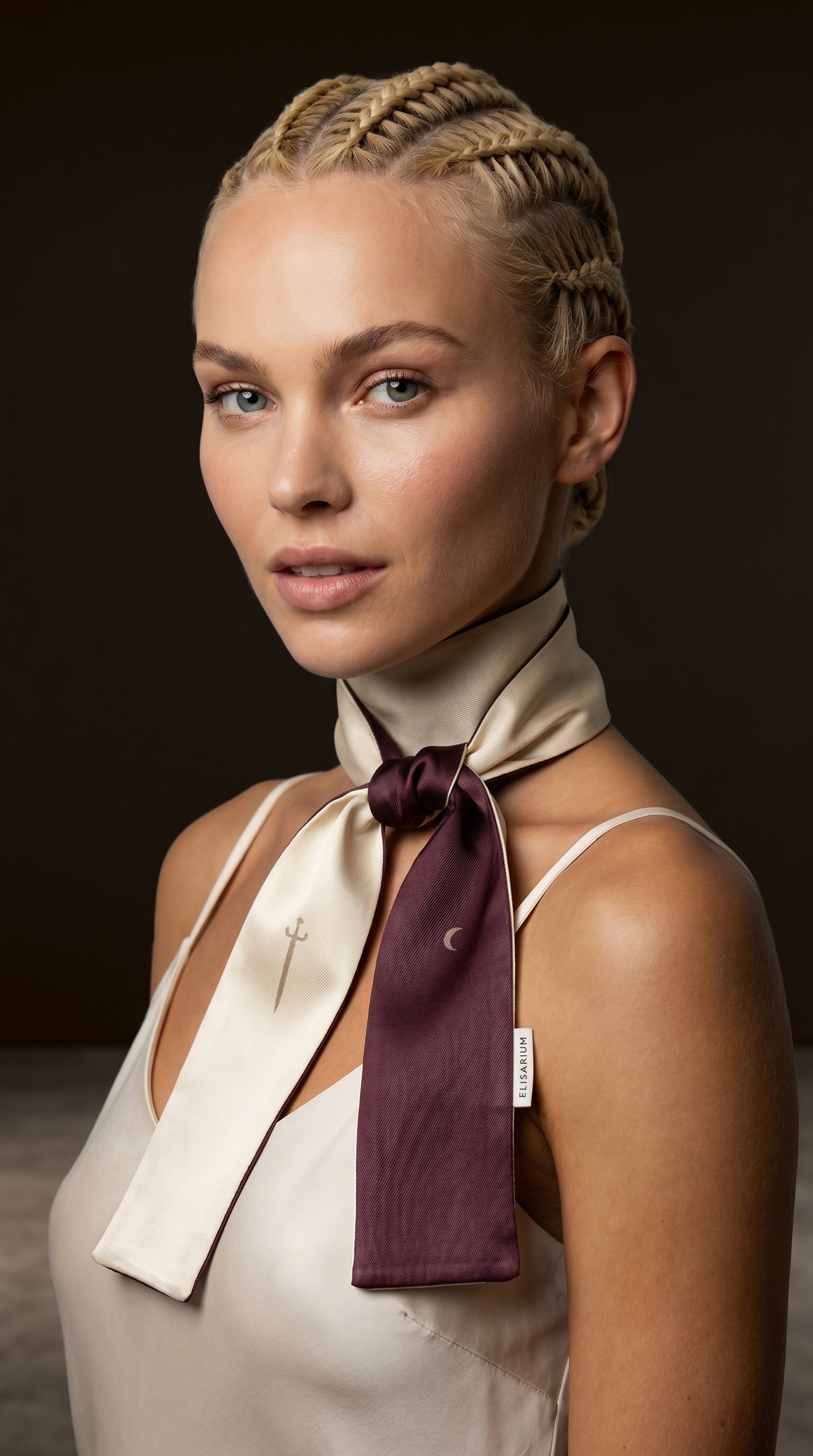 Model purtând Twilly Elisarium la gât, accesoriu din mătase naturală twill 18 momme pentru zi, în nuanțe Champagne și Deep Wine.