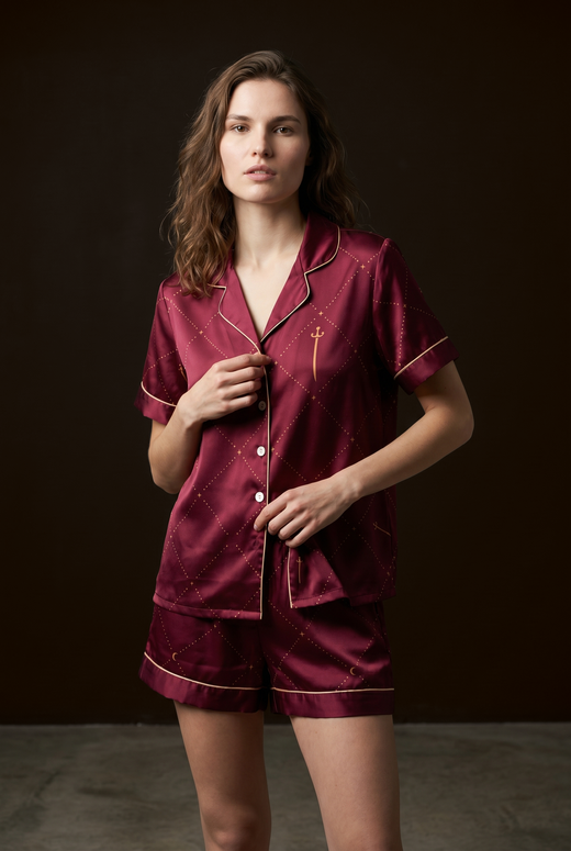 Pijama din mătase Mulberry 22 momme Elisarium Armura · Deep Wine cu imprimeu lună și sabie